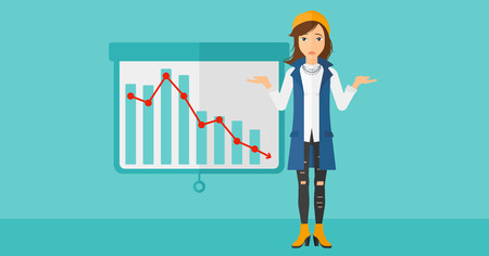 A stressed woman on the background of projector roller screen with decreasing chart vector flat design illustration. Horizontal layout.のイラスト素材