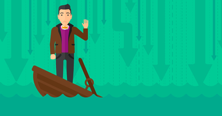 A scared businessman standing in a sinking boat and asking for help on the background of arrows moving down vector flat design illustration. Horizontal layout.のイラスト素材