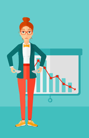 A confused woman showing her epmty pockets on the background of projector roller screen with decreasing chart vector flat design illustration. Vertical layout.のイラスト素材