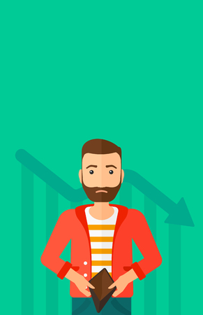 A hipster man with the beard showing his epmty purse on a green background with decreasing chart vector flat design illustration. Vertical layout.のイラスト素材