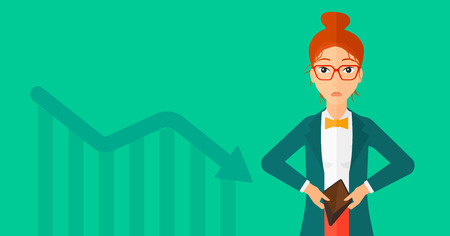 A woman showing her epmty purse on a green background with decreasing chart vector flat design illustration. Horizontal layout.のイラスト素材