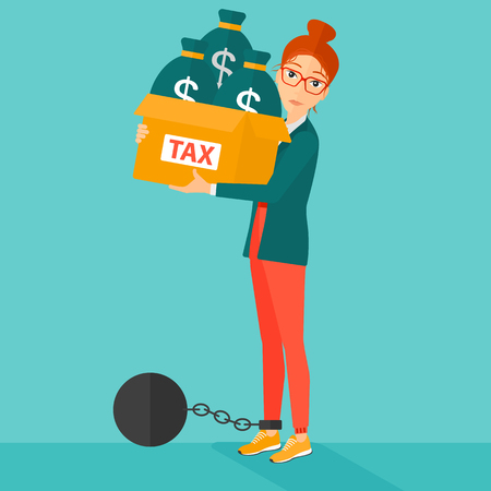 Chained to a large ball woman carrying heavy box with bags full of taxes on a blue background vector flat design illustration. Square layout.のイラスト素材