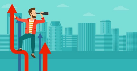 A businessman standing on the top of graph arrow and looking through spyglass on the background of modern city vector flat design illustration. Horizontal layout.のイラスト素材