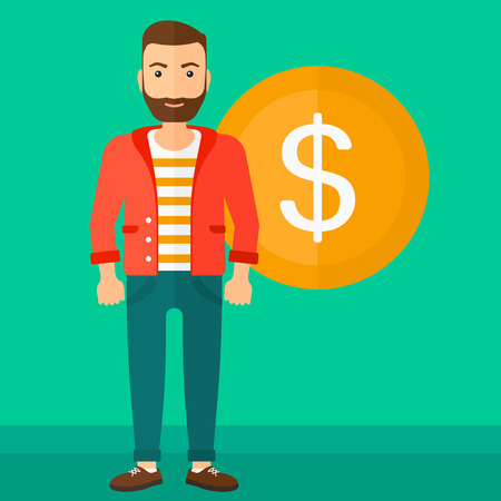A hipster man with the beard standing with a big dollar coin behind him on a green background vector flat design illustration. Square layout.のイラスト素材