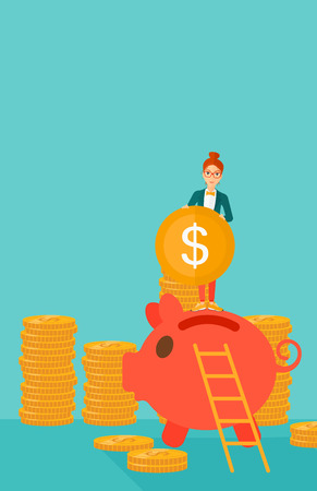 A woman saving her money by putting a coin in a big piggy bank on a blue background vector flat design illustration. Vertical layout.のイラスト素材