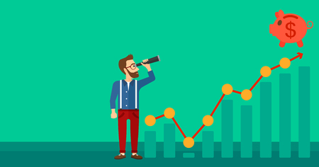 A hipster man with the beard looking through spyglass at piggy bank standing at the top of growth graph on a green background vector flat design illustration. Horizontal layout.のイラスト素材