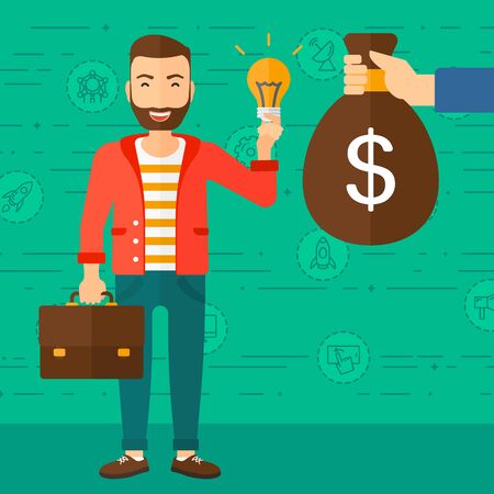 A hipster man with the beard exchanging his idea bulb to money bag on a green background with business and technology icons vector flat design illustration. Square layout.のイラスト素材