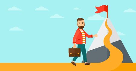 A hipster man with a suitcase in hand standing on a road leading to the top of the mountain with a flag on the background of blue sky vector flat design illustration. Horizontal layout.のイラスト素材