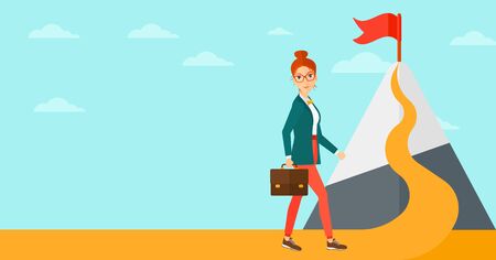 A woman with a suitcase in hand standing on a road leading to the top of the mountain with a flag on the background of blue sky vector flat design illustration. Horizontal layout.のイラスト素材