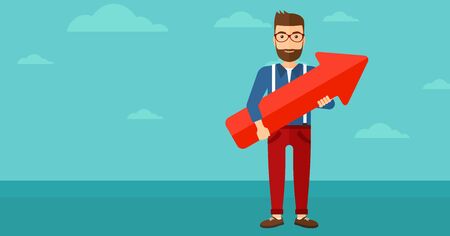 A hipster man with the beard holding a big arrow in hands on the background of blue sky vector flat design illustration. Horizontal layout.のイラスト素材