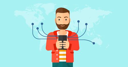 A hipster man with the beard holding smartphone connected with the whole world on a blue background vector flat design illustration. Horizontal layout.のイラスト素材