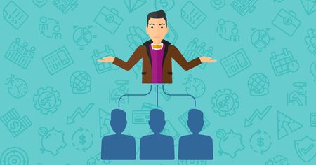 Three employees linked with a boss on a blue background with business icons vector flat design illustration. Horizontal layout.のイラスト素材