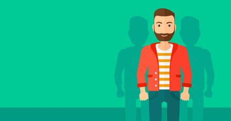A hipster man with some shadows of his coworkers behind him on a green background vector flat design illustration. Horizontal layout.のイラスト素材