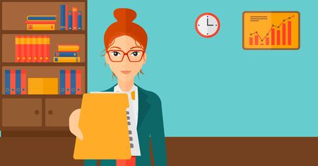 A boss receiving a file from his employee on the background of office vector flat design illustration. Horizontal layout.のイラスト素材