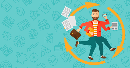 A hipster man with many hands holding papers, suitcase, devices on a blue background with business icons vector flat design illustration. Horizontal layout.のイラスト素材