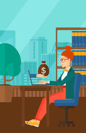A woman sitting at the table and a bag of money coming out of her laptop on the background of panoramic modern office with city view vector flat design illustration. Vertical layout.のイラスト素材