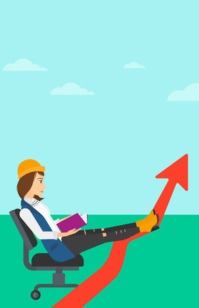 A woman sitting in chair with a book in hands while her legs lay on an uprising arrow on the background of blue sky vector flat design illustration. Vertical layout.のイラスト素材