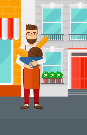 A hipster man with the beard holding a bowl with bread in hands on the background of cafe facade vector flat design illustration. Vertical layout.のイラスト素材