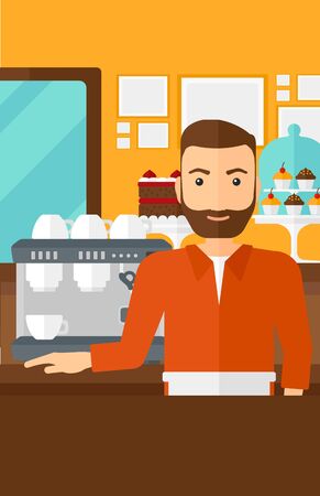 A hipster man with the beard standing near coffee maker on the background of bakery vector flat design illustration. Vertical layout.のイラスト素材