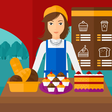 A woman standing in front of table with pastry on the background of bakery vector flat design illustration. Square layout.のイラスト素材