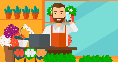 A hipster man with the beard taking an order by phone on the background of flower shop vector flat design illustration. Horizontal layout.のイラスト素材
