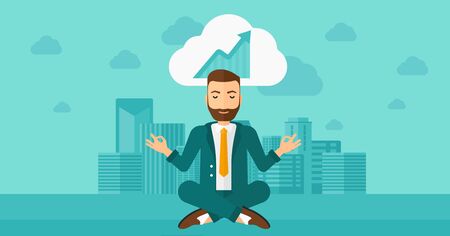 Peaceful hipster man with the beard meditating in lotus pose and thinking about the growth graph  on the background of modern city vector flat design illustration. Horizontal layout.のイラスト素材