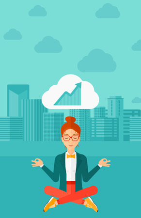 Peaceful woman meditating in lotus pose and thinking about the growth graph  on the background of modern city vector flat design illustration. Vertical layout.のイラスト素材