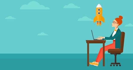 A woman sitting at the table in front of laptop and looking at a flying rocket on the background of blue sky vector flat design illustration. Horizontal layout.のイラスト素材