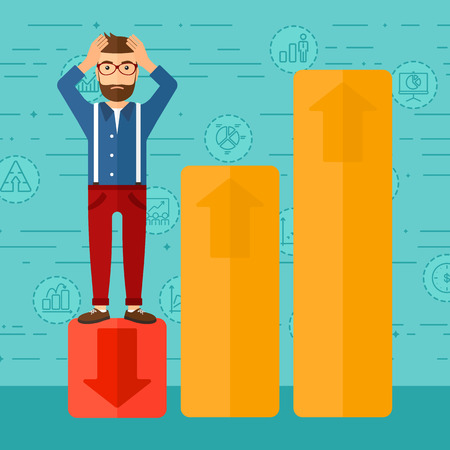 Upset hipster man with the beard clutching his head and standing in bottom of uprising chart on a blue background with business icons vector flat design illustration. Square layout.のイラスト素材