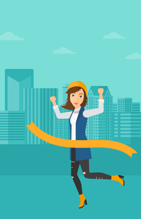 A woman running through finishing line on the background of modern city vector flat design illustration. Vertical layout.のイラスト素材