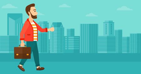 A hipster man with the beard walking with a briefcase on the background of modern city vector flat design illustration. Horizontal layout.のイラスト素材