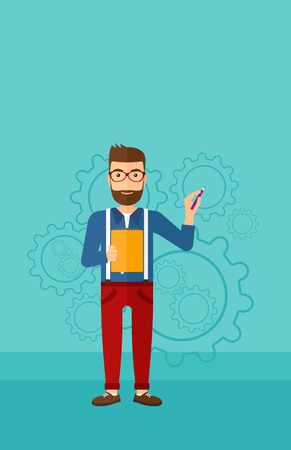 A hipster man with a pen and a file in hands on a blue background with cogwheels vector flat design illustration. Vertical layout.のイラスト素材