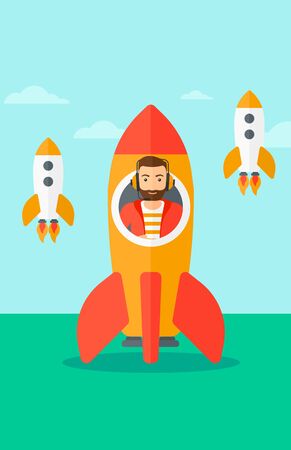 A hipster man with the beard taking off in a rocket on the background of blue sky vector flat design illustration. Vertical layout.のイラスト素材
