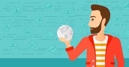 A hipster man with the beard holding Earth planet in hand on a blue background with business icons vector flat design illustration. Horizontal layout.のイラスト素材
