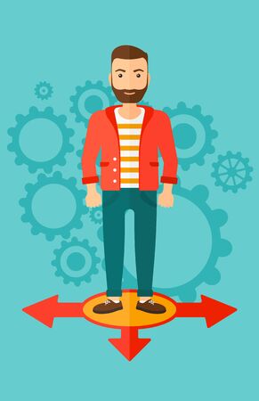 A hipster man with the beard standing on three alternative ways on a blue background with cogwheels vector flat design illustration. Vertical layout.のイラスト素材