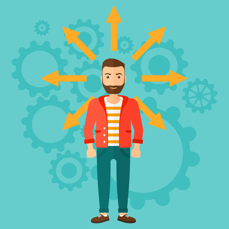 A hipster man with many arrows around him on a blue background with cogwheels vector flat design illustration. Square layout.のイラスト素材