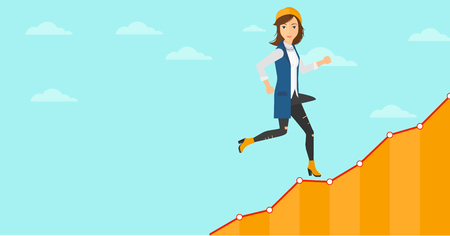 Cheerful woman running along the growth graph on the background of blue sky vector flat design illustration. Horizontal layout.のイラスト素材