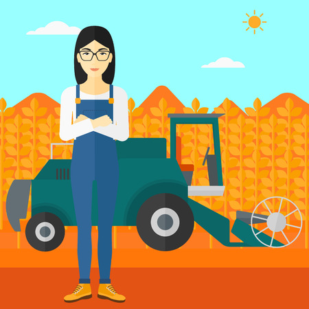 An asian  woman standing on the background of combine harvesting wheat vector flat design illustration. Square layout.のイラスト素材