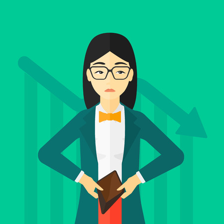 An asian woman showing her epmty purse on a green background with decreasing chart vector flat design illustration. Square layout.のイラスト素材