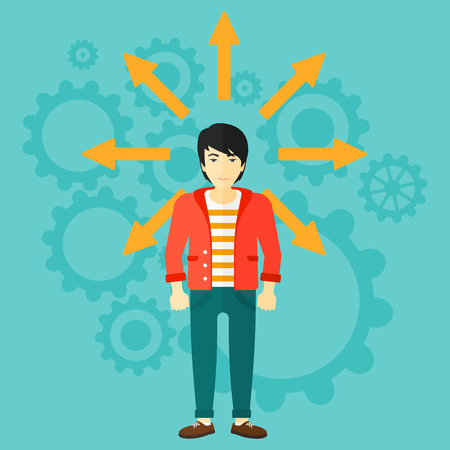 An asian man with many arrows around him on a blue background with cogwheels vector flat design illustration. Square layout.のイラスト素材