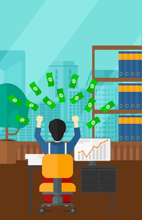 An asian man sitting in front of computer with raised hands and money flying above him on the background of panoramic modern office with city view vector flat design illustration. Vertical layout.のイラスト素材