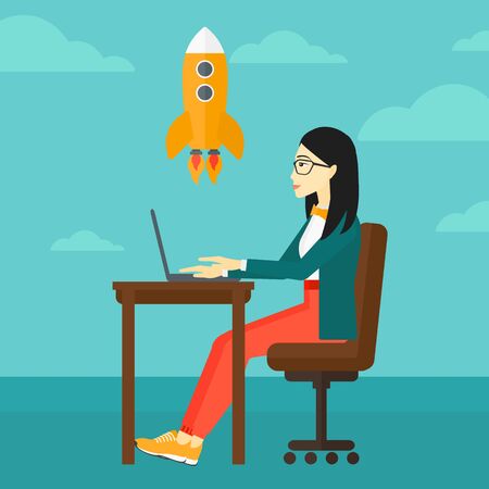 An asian woman sitting at the table in front of laptop and looking at a flying rocket on the background of blue sky vector flat design illustration. Square layout.のイラスト素材