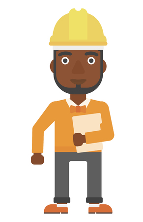 An african-american man in hardhat standing with a laptop in hand vector flat design illustration isolated on white background. Vertical layout.のイラスト素材