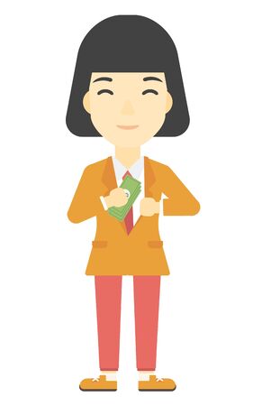 An asian business woman putting money in her pocket vector flat design illustration isolated on white background. Vertical layout.のイラスト素材