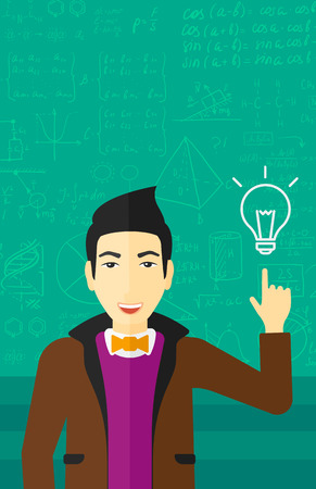 An asian man pointing a finger at the light bulb on the background of green blackboard with mathematical equations vector flat design illustration. Vertical layout.のイラスト素材