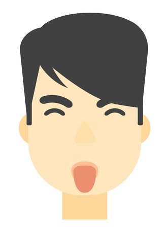 An asian contemptuous man sticking out his tongue vector flat design illustration isolated on white background. Vertical layout.のイラスト素材