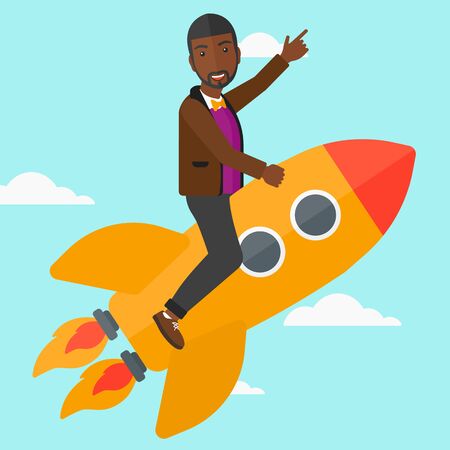 An african-american man flying on the rocket with a forefinger pointing up on the background of blue sky vector flat design illustration. Square layout.のイラスト素材