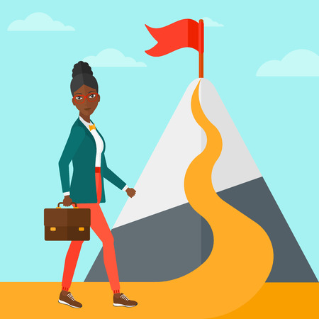 An african-american woman with a suitcase in hand standing on a road leading to the top of the mountain with a flag on the background of blue sky vector flat design illustration. Square layout.のイラスト素材