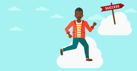 An african-american man running in the sky near direction sign success vector flat design illustration. Horizontal layout.のイラスト素材