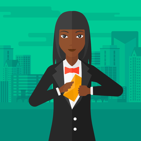 An african-american business woman putting an envelope in her pocket on the background of modern city vector flat design illustration. Square layout.のイラスト素材